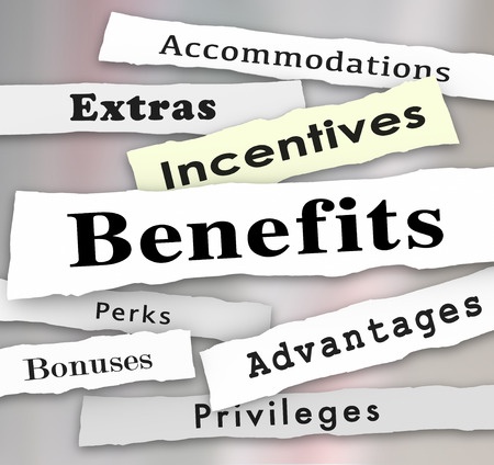employee benefits incentives bonuses extras perks and advantages to illustrate important privleges or accommodations on the job